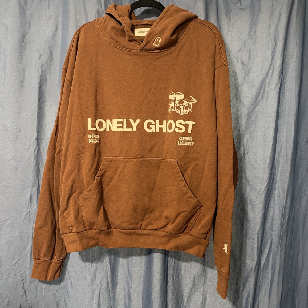Lonely Ghost Open Mind Open Heart Hoodie Brown Mushroom Graphic Size L